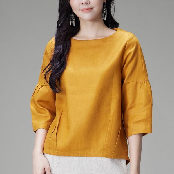 亞麻船領花苞上衣 