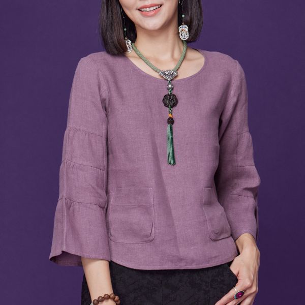 亞麻蛋糕袖上衣 