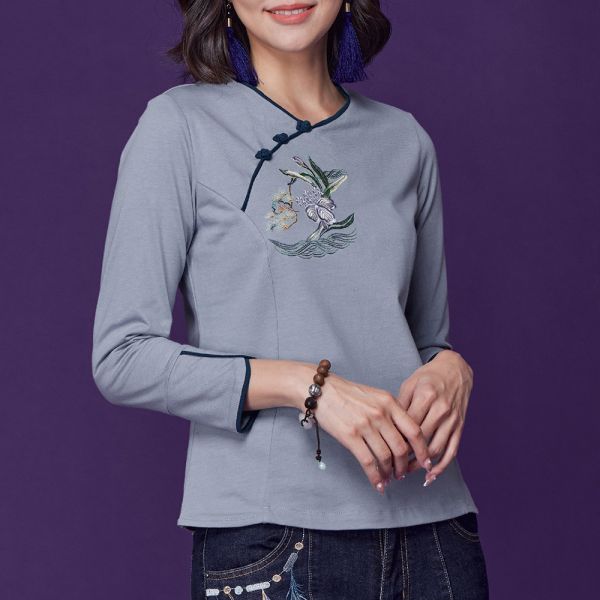 刺繡斜襟顯瘦T桖 