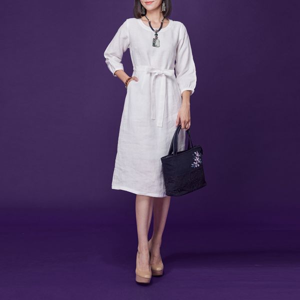 亞麻綁結顯瘦七分洋裝 