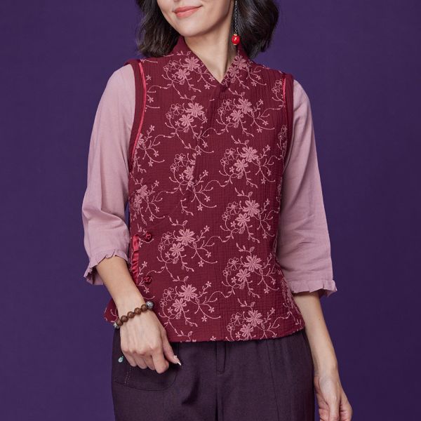 刺繡斜開荷葉背心 