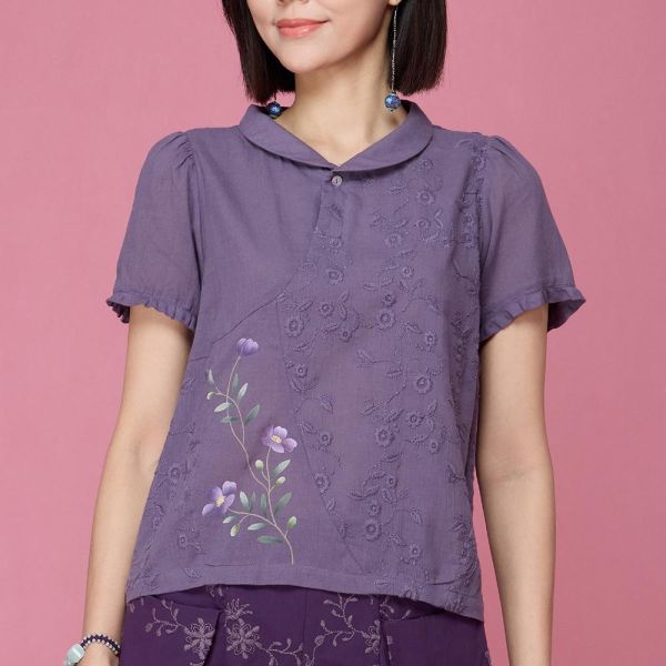 手繪刺繡翻領上衣 