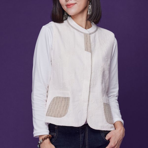 刺繡古布圓弧短背心 