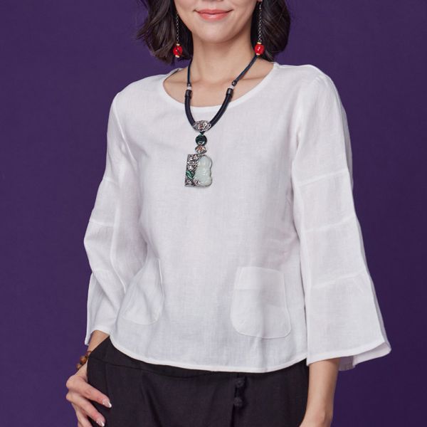 亞麻蛋糕袖上衣 