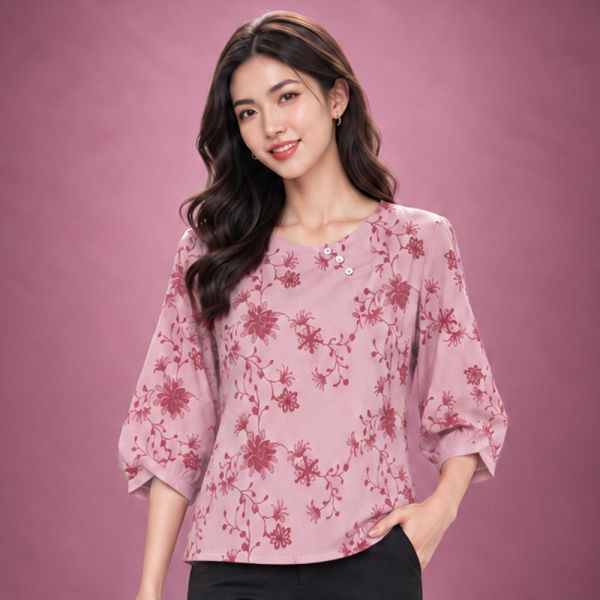 配色刺繡花苞上衣 