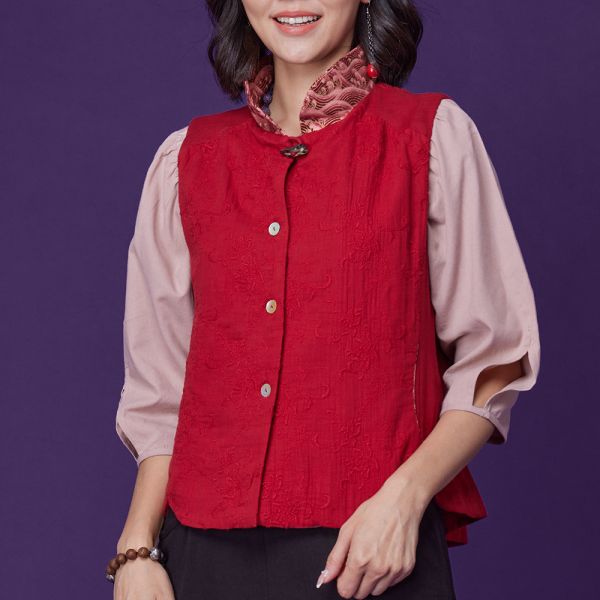 刺繡古布翻領背心 