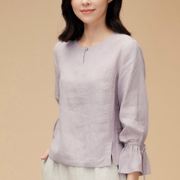 亞麻燈籠袖綁結上衣 