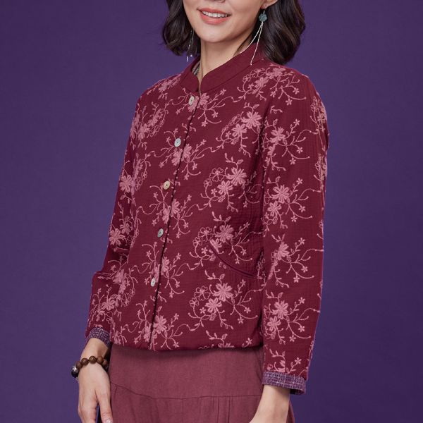 配色刺繡花苞袖上衣 