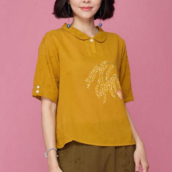 手繪刺繡翻領上衣 