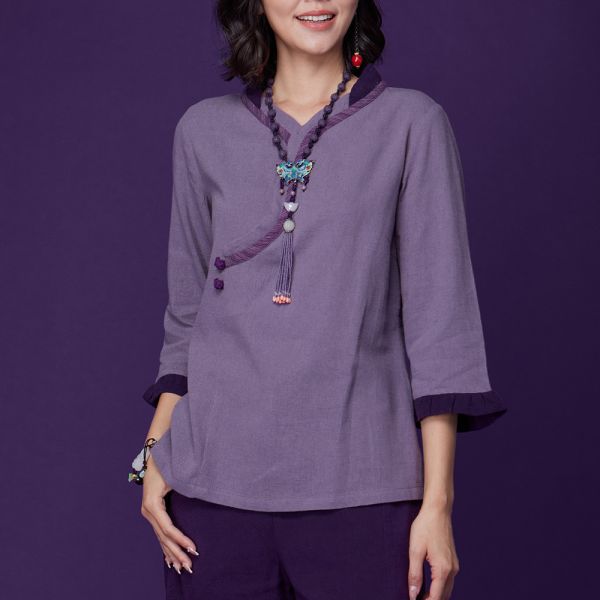 亞麻斜襟荷葉上衣 