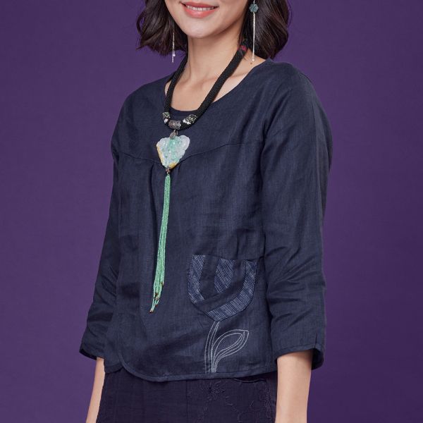 亞麻古布拚接車花上衣 