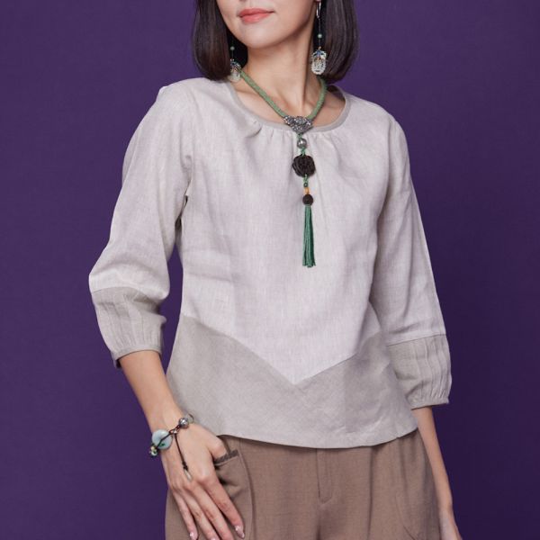 亞麻配色顯瘦上衣 