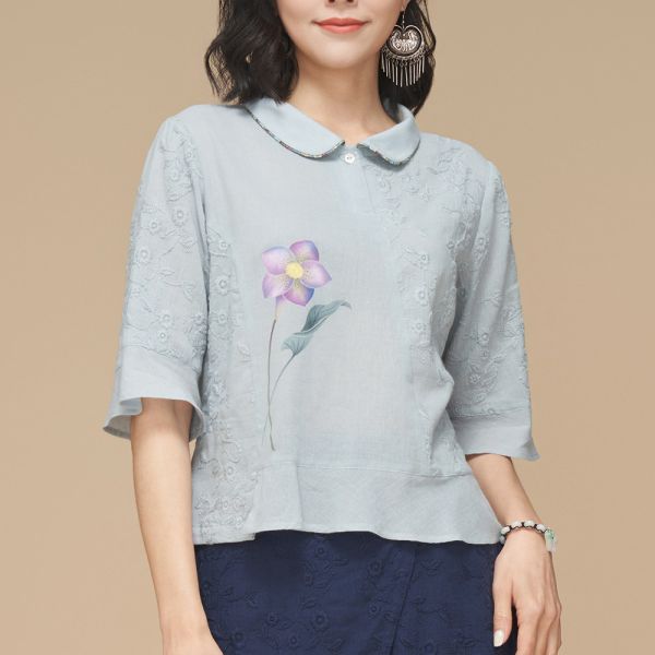 手繪刺繡翻領上衣 