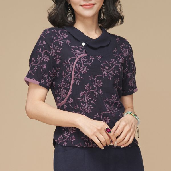 配色刺繡花瓣領上衣 