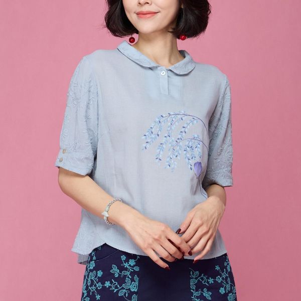 手繪刺繡翻領上衣 