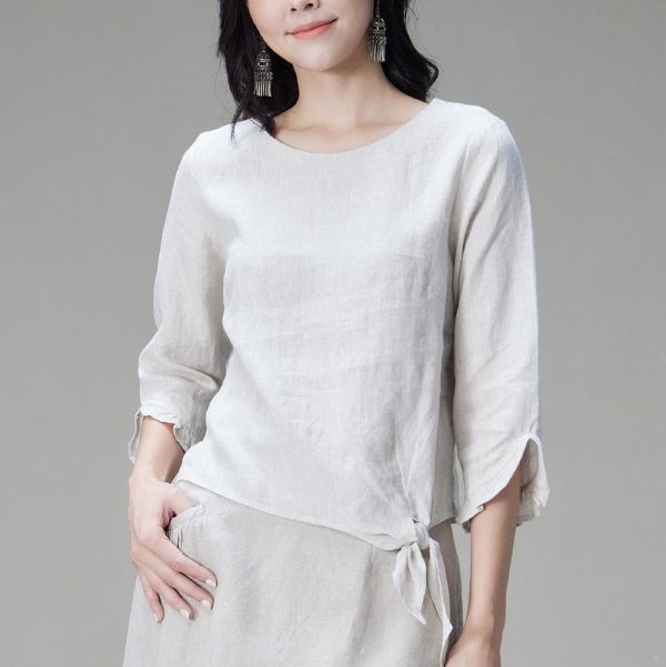 亞麻綁結造型上衣 
