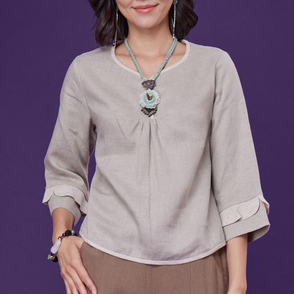 亞麻抽皺俏麗上衣 