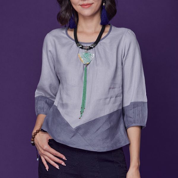 亞麻配色顯瘦上衣 