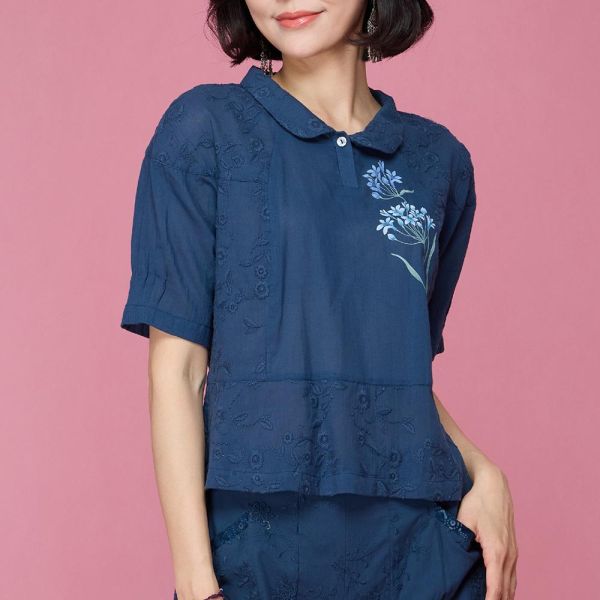 手繪刺繡翻領上衣 