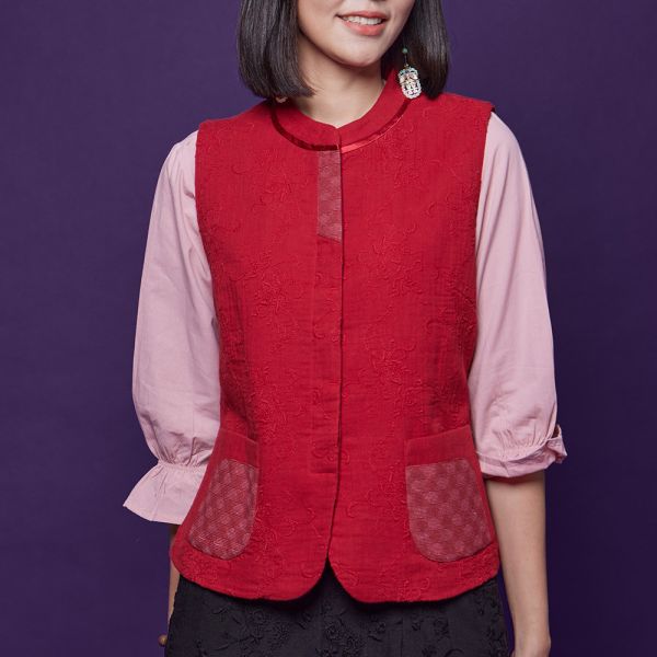 刺繡古布圓弧短背心 