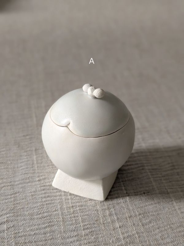 張慢 球型青白瓷茶倉(啞光) 作品多藉由輕柔小心的動作產生指向,在日常感知中搜尋相關記憶,以拆解與重組細微視角,梳理自然及現成物的輪廓與痕跡,讓他們變得輕盈自在、中性,保有更多空間自我詮釋。陶瓷僅是創作的媒材之一,無需限制於實用與非實用、工藝與藝術之間,作品的形成,即是我記錄生活的習慣與方式,人的記憶有限,瞬間記憶更是容易消散,我想將如同視覺暫留的種種,保留在生活當中。