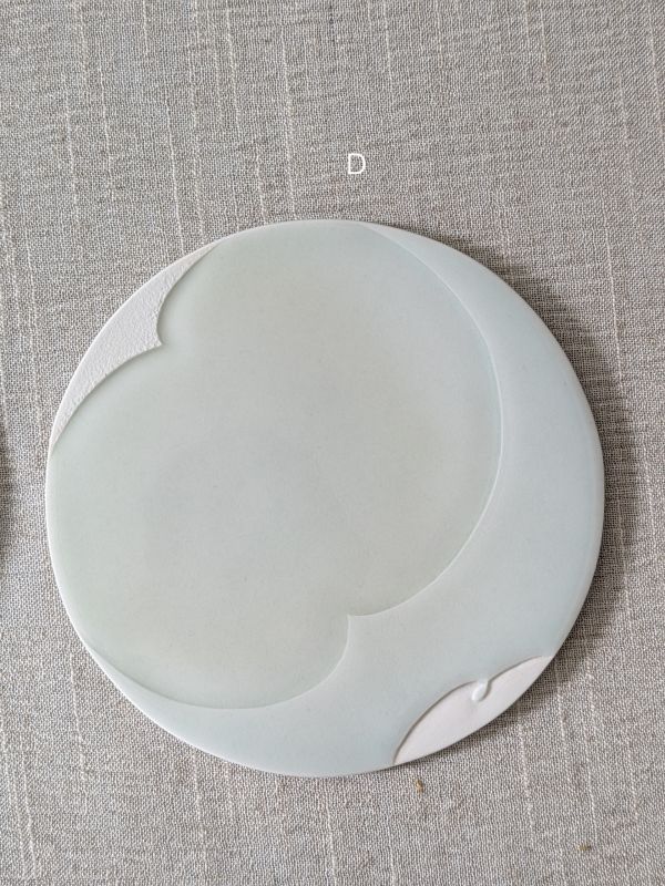 張慢 青瓷平皿 作品多藉由輕柔小心的動作產生指向,在日常感知中搜尋相關記憶,以拆解與重組細微視角,梳理自然及現成物的輪廓與痕跡,讓他們變得輕盈自在、中性,保有更多空間自我詮釋。陶瓷僅是創作的媒材之一,無需限制於實用與非實用、工藝與藝術之間,作品的形成,即是我記錄生活的習慣與方式,人的記憶有限,瞬間記憶更是容易消散,我想將如同視覺暫留的種種,保留在生活當中。