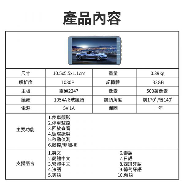 【Jinpei 錦沛】4吋高畫質汽車行車記錄器、全觸控、前後雙錄、1080P FULL HD 