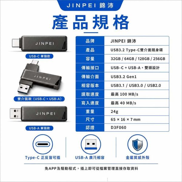 【JINPEI 錦沛】32-256GB USB3.2 Type-C雙介面隨身碟 【JINPEI 錦沛】32-256GB USB3.2 Type-C雙介面隨身碟
