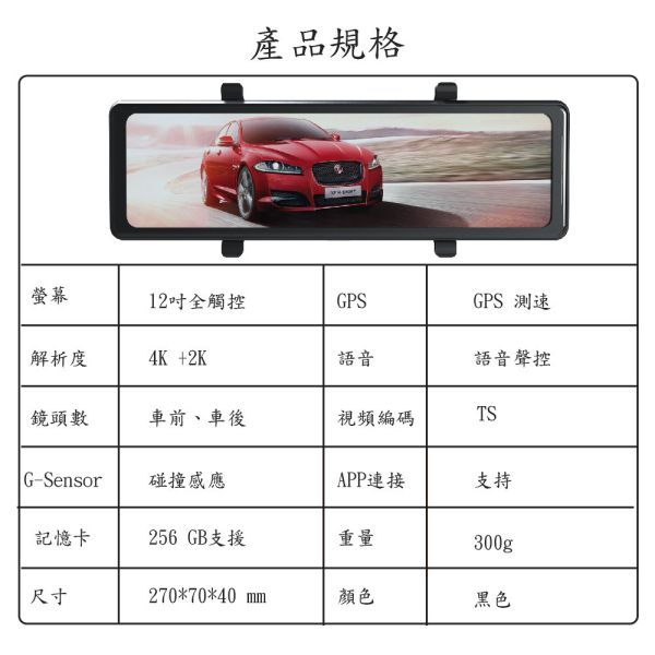 【JINPEI錦沛】4K+ 2K UHD、12吋觸控螢幕 行車紀錄器、GPS 測速、APP連接、語音聲控 行車記錄器 12吋觸控全螢幕、4K超高畫質、SONY 鏡頭、WIFI連接、語音操作、測速功能行車記錄器