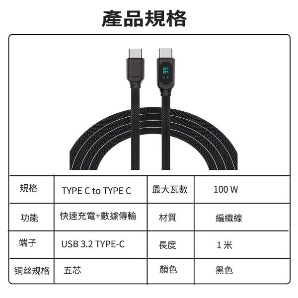 【JINPEI錦沛】TYPE-C TO TYPE-C 充電線 編織線 顯示電流 100W 黑色 【JINPEI錦沛】TYPE-C TO TYPE-C 充電線 編織線 顯示電流 100W 黑色