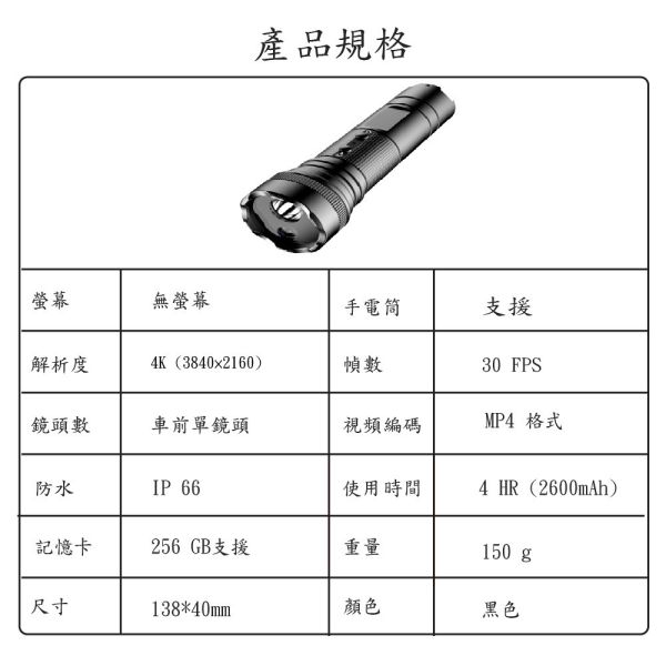 【JINPEI 錦沛】4K Ultra HD畫質、機車、自行車行車記錄器、登山露營　手電筒功能 1. 手電筒型行車紀錄器

2. 高畫質1920 *1080 FULL HD

3. 夜間微光攝影

4. 支持18小時錄影

5. 支援256GB