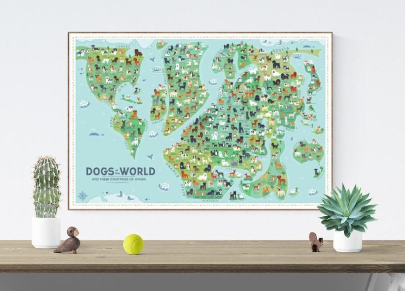 Doggie Drawings 世界的狗狗 地圖海報 