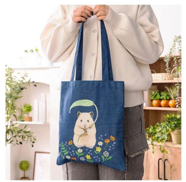 GORILLAND 倉鼠 助六的日常 刺繡 丹寧 托特包 花卉ver. 倉鼠,助六的日常,黃金鼠,波利鼠,熊鼠,韓彬,GOTTE,刺繡,丹寧,牛仔布,托特包