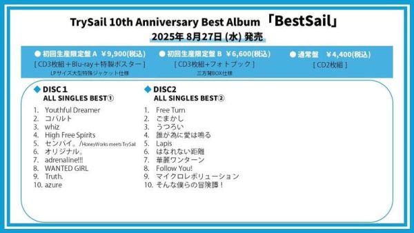 TrySail 10周年 Best專輯 「BestSail」初回盤A 附BD+海報/初回盤B 附寫真書/通常盤*8/27發售 TrySail,10周年,專輯,BestSail,初回盤, 通常盤
