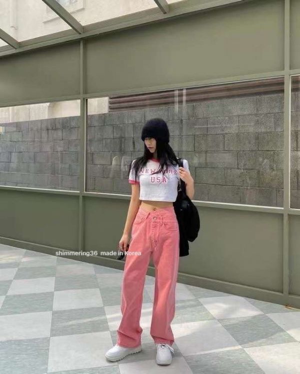 粉色直筒褲 
