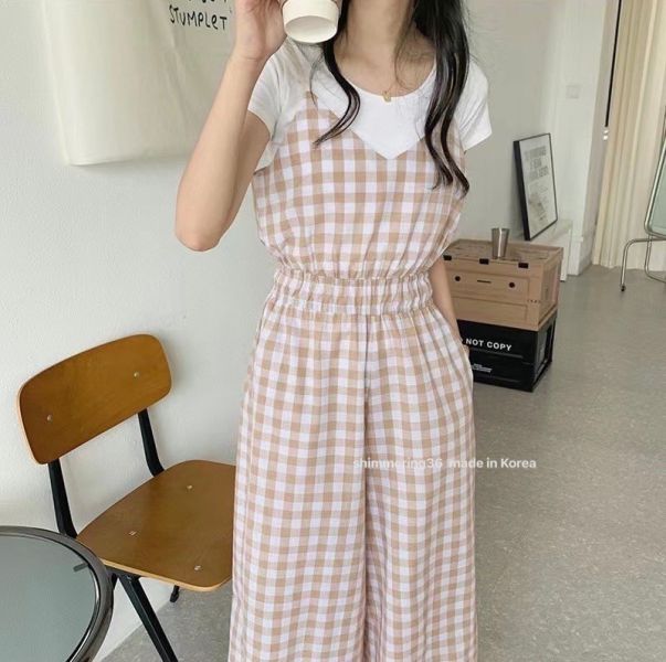 格紋連身褲2件套 