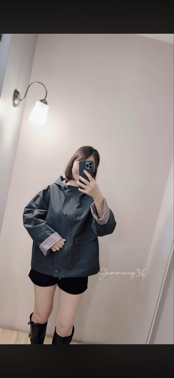袖反折格紋風衣外 