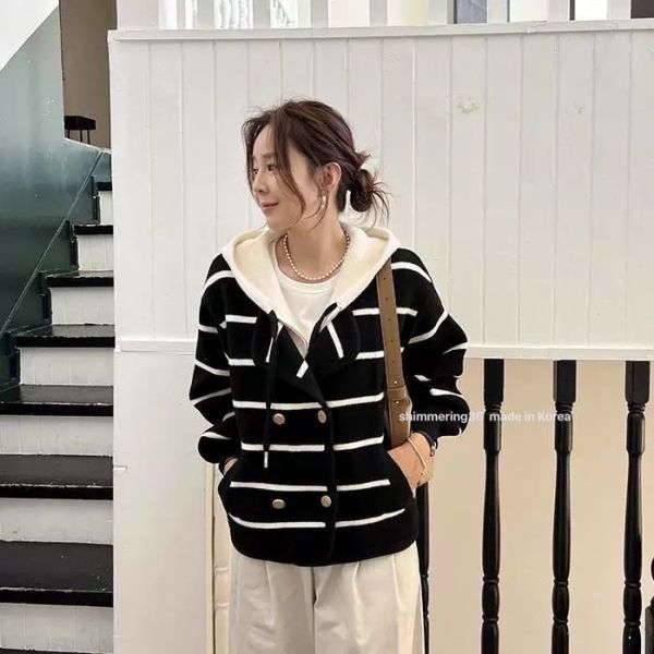 假2件條紋連帽外套 