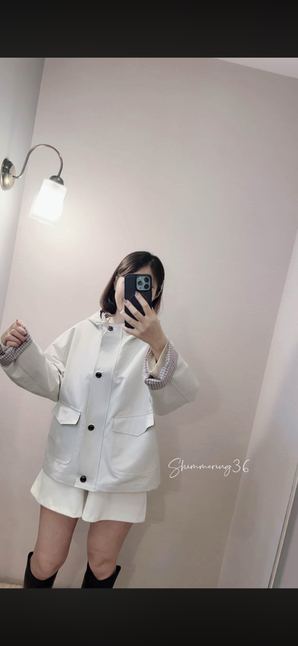 袖反折格紋風衣外 