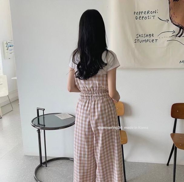 格紋連身褲2件套 