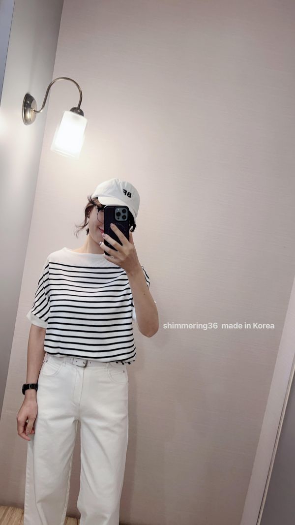 冰絲涼感橫條針織上衣 