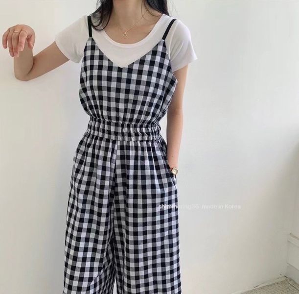 格紋連身褲2件套 