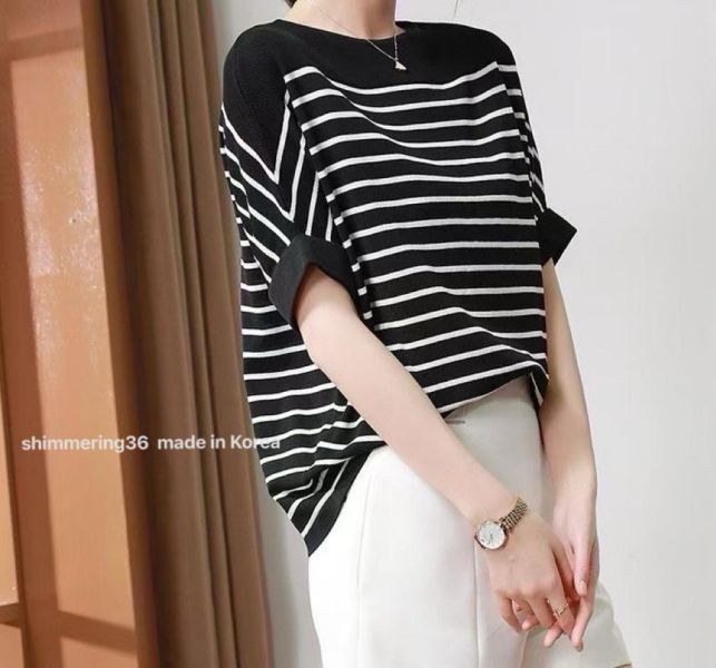 冰絲涼感橫條針織上衣 