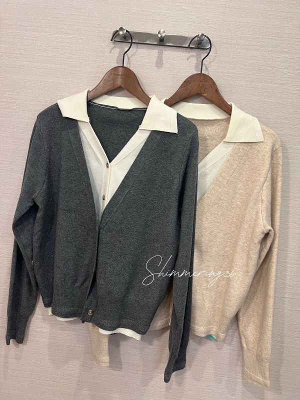 翻領假2件針織上衣 