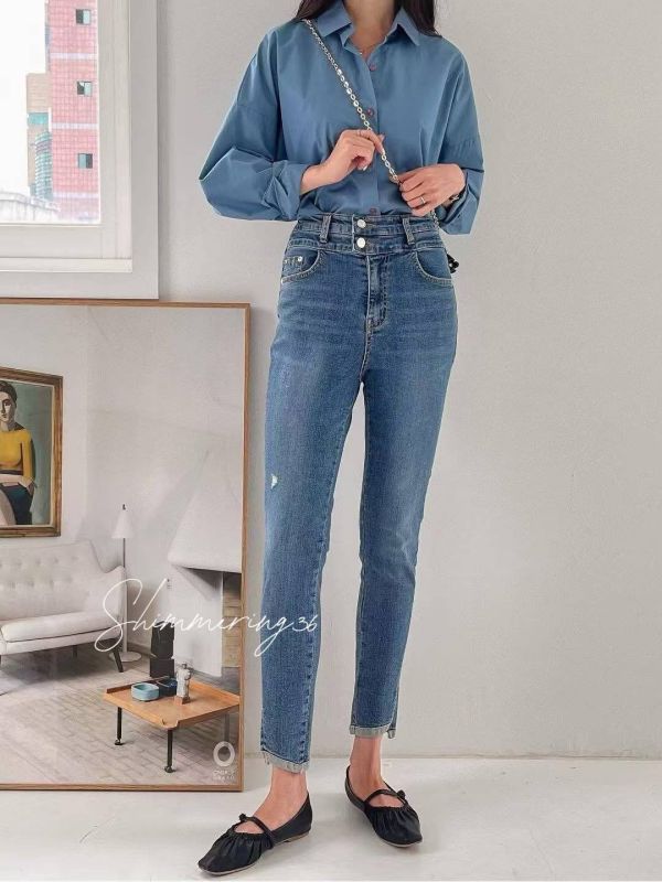 高腰瘦腿牛仔褲 