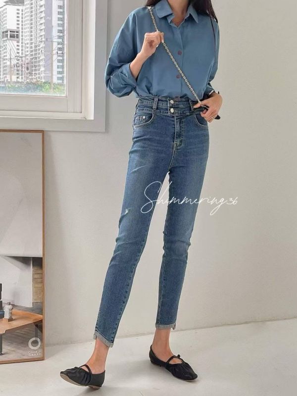 高腰瘦腿牛仔褲 