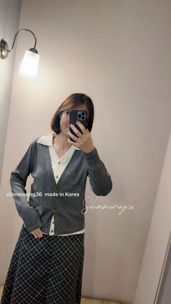 翻領假2件針織上衣 