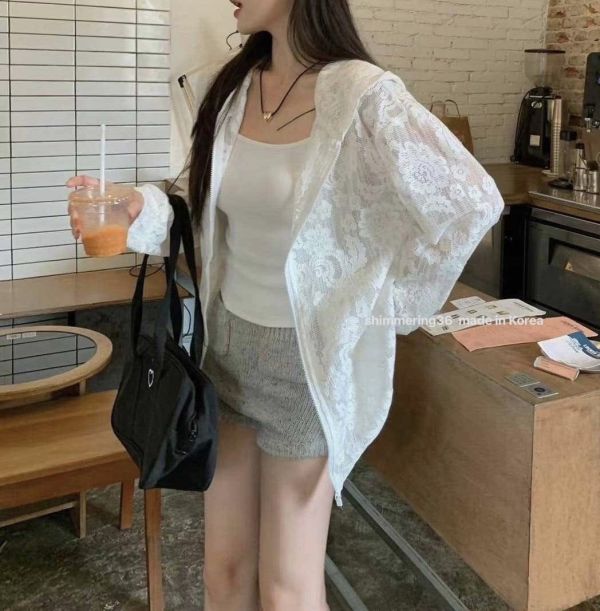 連帽蕾絲拉鍊外套 