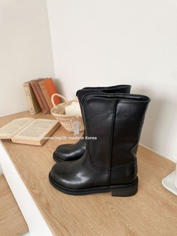 瘦腿前V牛皮中筒靴 