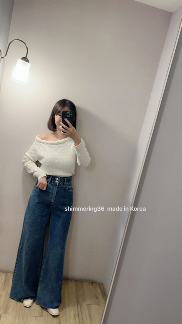 可拉斜肩或一字領麻花編織上衣 